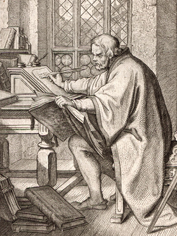Martin Luther writing in the Wartburg.